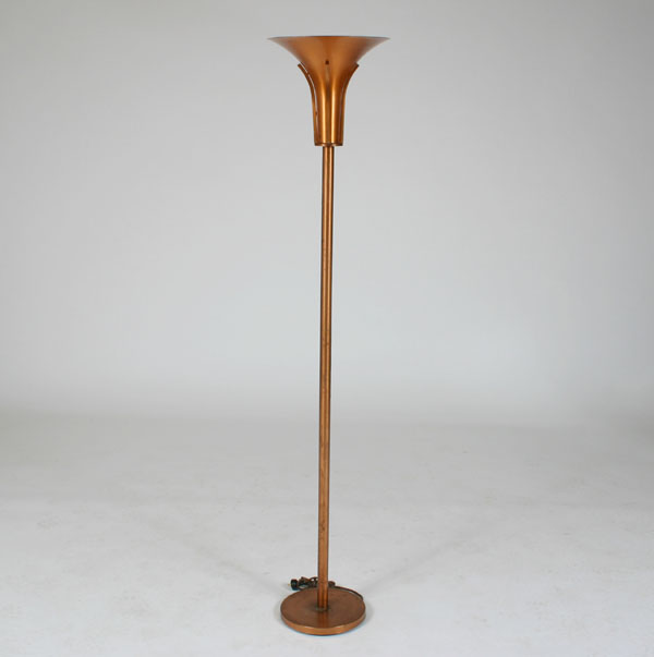 Appraisal: Machine Age copper torchiere ribbed top holds conical shade 'H