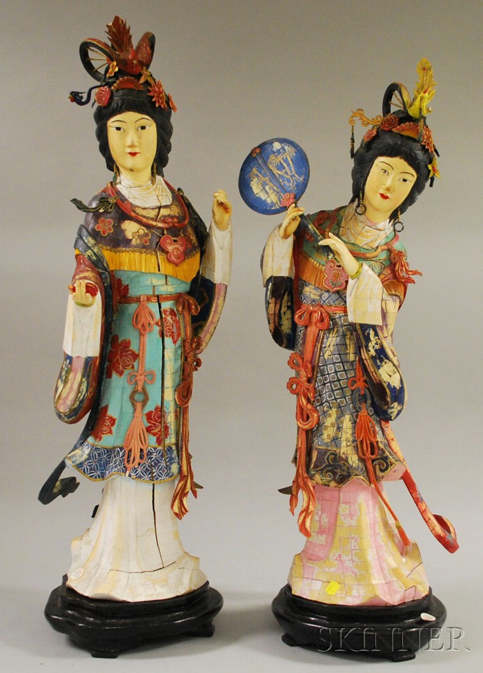 Appraisal: Two Large Asian Painted and Carved Ivory Bone and Wood