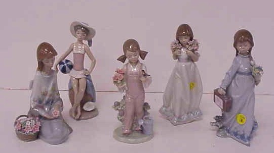 Appraisal: Five Lladro figurines including seated girl with flower coll soc