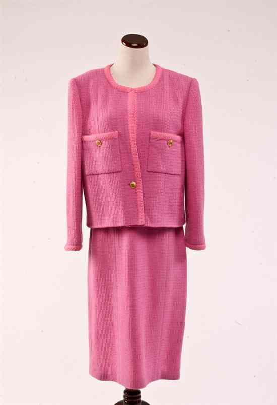 Appraisal: CHANEL PINK BOUCL SUIT s- s Spring Jacket with pale