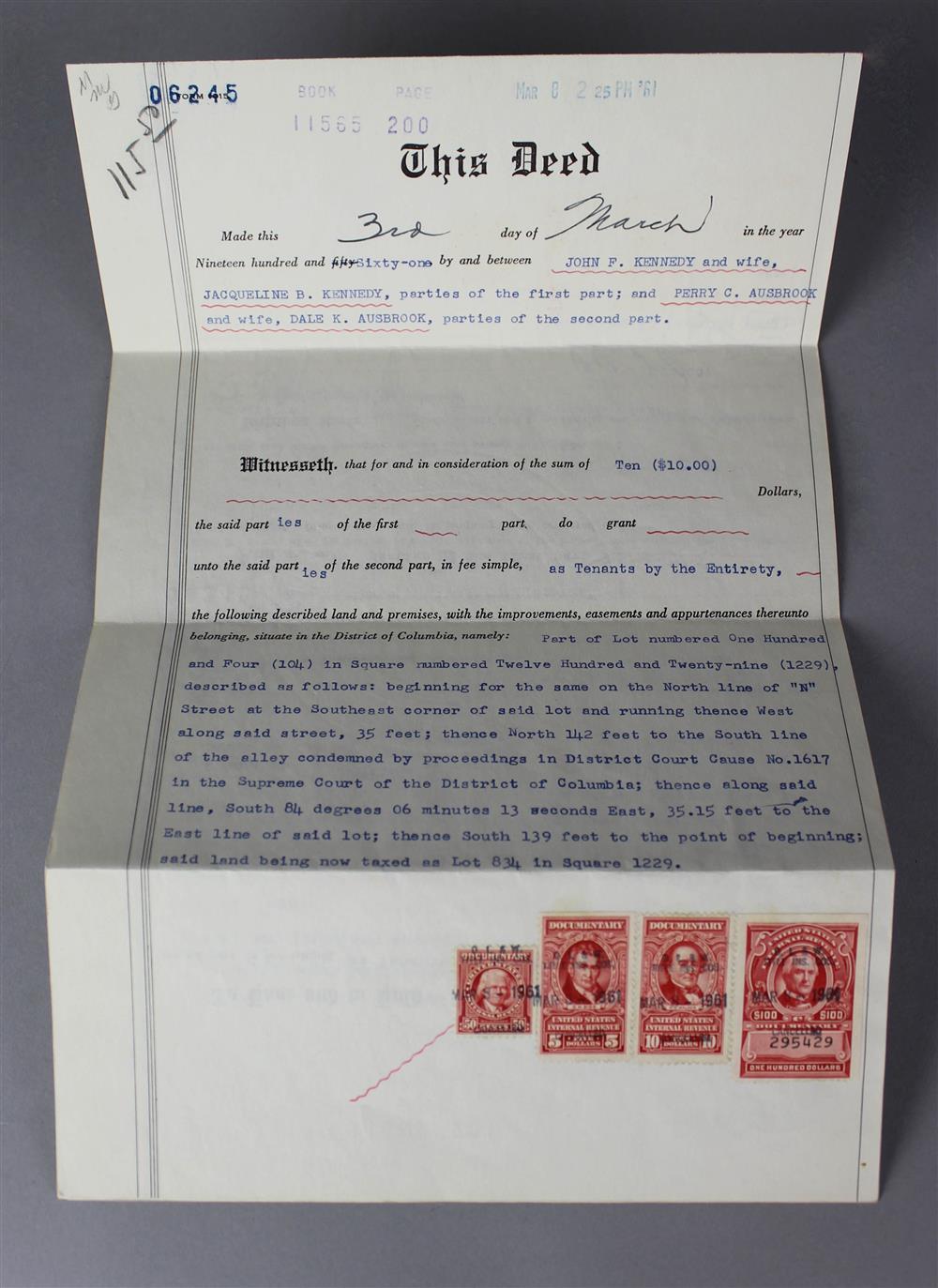 Appraisal: JOHN F KENNEDY ESTATE DEED SIGNED JACQUELINE B KENNEDY AND