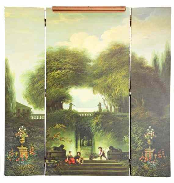 Appraisal: Three Panel Painted Screen th century oil on canvas Continental