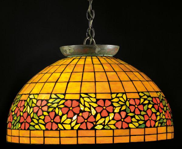 Appraisal: UNIQUE Hemispherical chandelier of leaded slag glass with pink apple