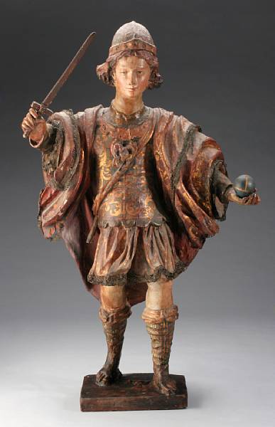 Appraisal: A Spanish gilt and polychrome decorated wood figure of a