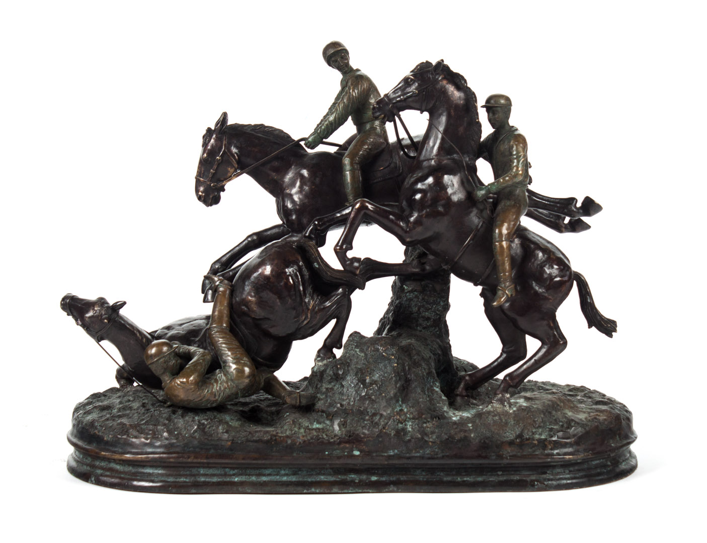 Appraisal: Patinated bronze steeple chase group in the style of Bonheur