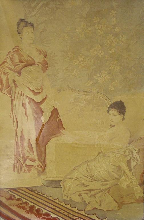 Appraisal: th century framed painted tapestry depicting two classical maidens one