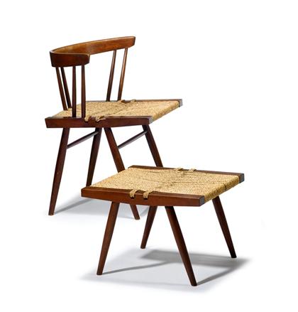 Appraisal: Walnut grass-seated chair and stoolgeorge nakashima -