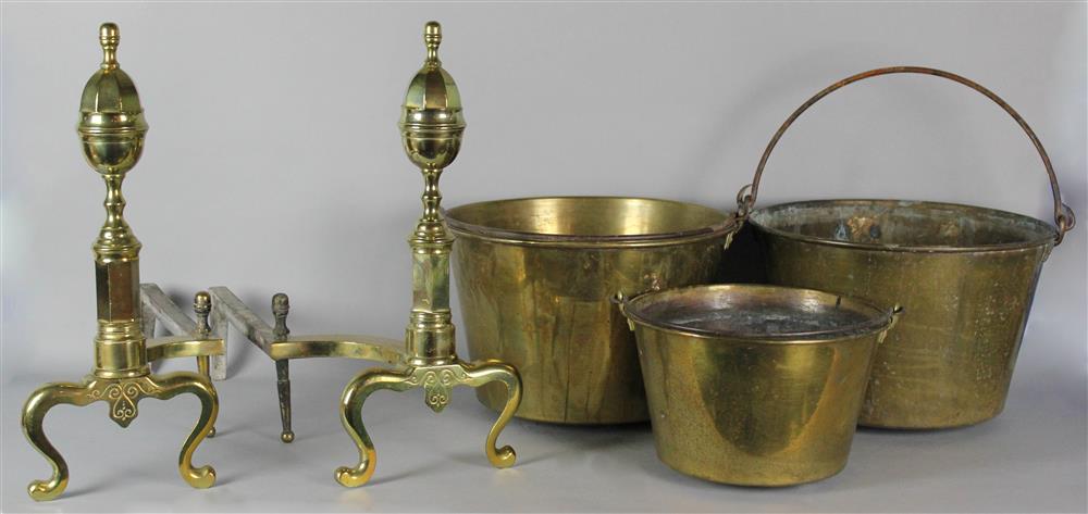 Appraisal: PAIR OF FEDERAL STYLE BRASS ANDIRONS AND THREE BRASS BUCKETS