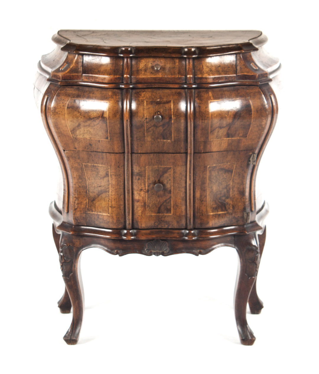 Appraisal: Italian Baroque style miniature commode banded burl walnut veneer three-drawer