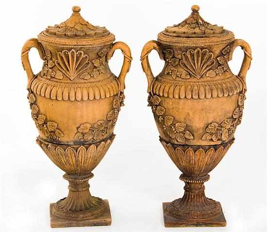 Appraisal: Pair Classical-form terra-cotta garden urns cast urns with covers and