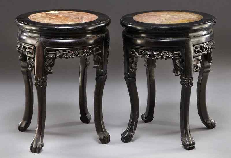 Appraisal: Pr Chinese Qing carved rosewood marble inlaidstools the apron depicting