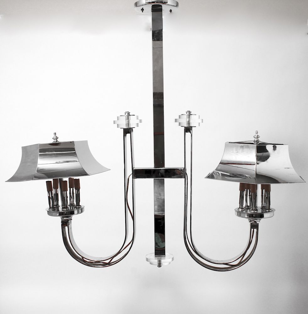 Appraisal: Contemporary Two-Light Chrome Billiard Chandelier Contemporary two-light billiard chandelier hanging