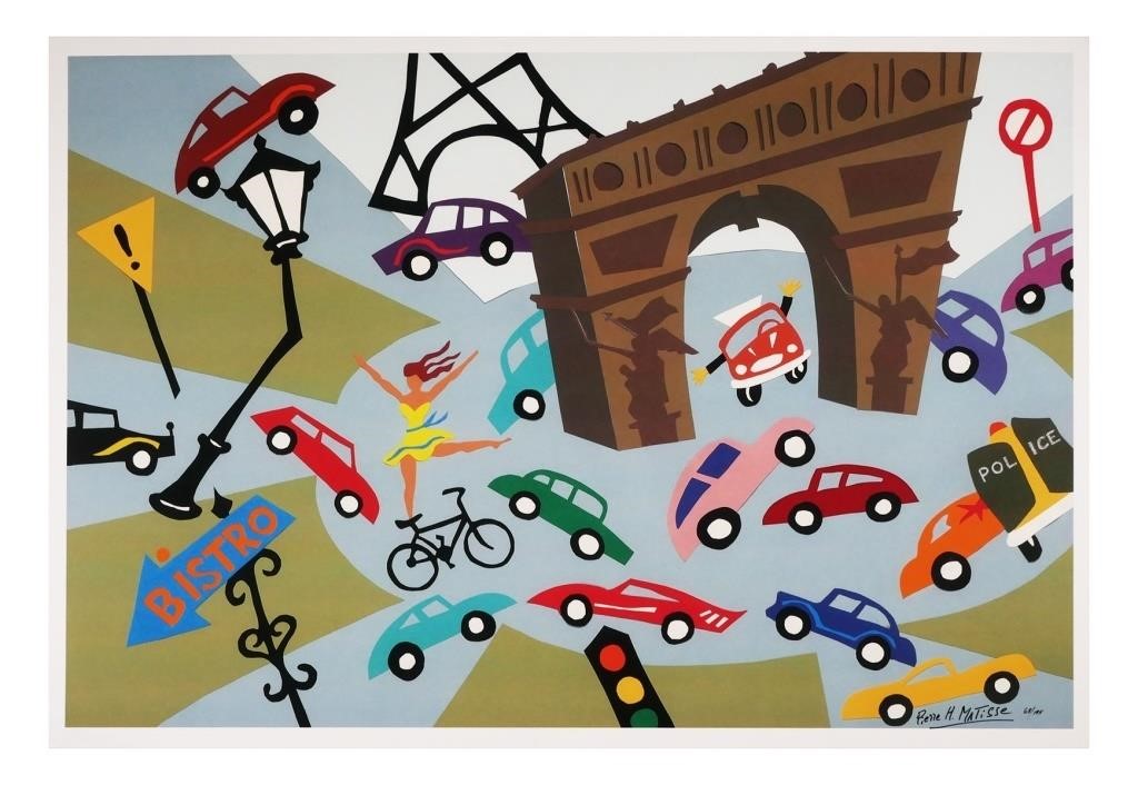 Appraisal: Serigraph print of cars in the Arc de Triomphe roundabout