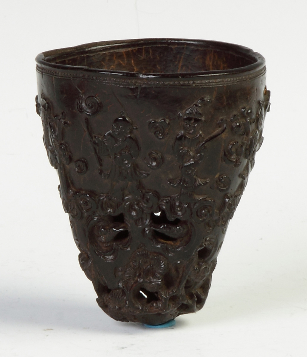 Appraisal: Chinese Carved Coconut Drinking Vessel Figures landscape