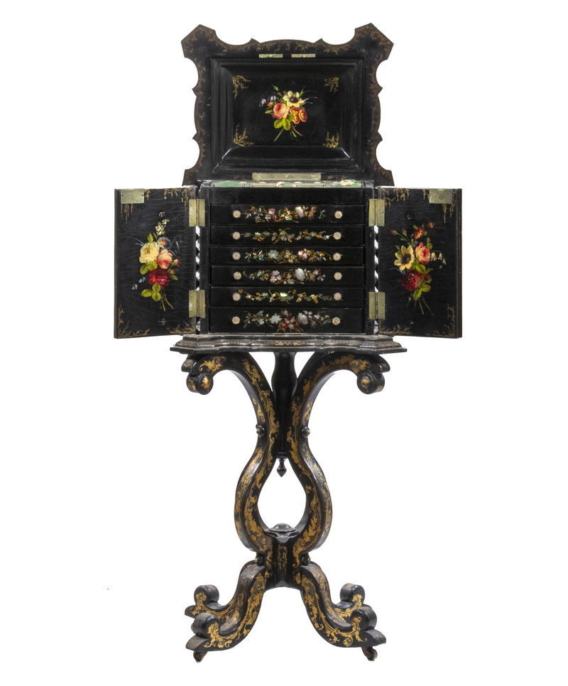 Appraisal: RARE ENGLISH BLACK LACQUER AND MOTHER-OF-PEARL LADY'S ROTATING SEWING CABINET