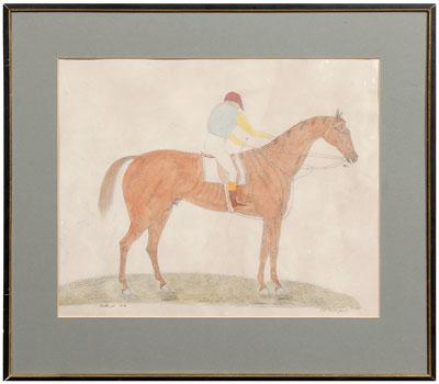 Appraisal: Folk art equestrian watercolor jockey on a horse titled lower