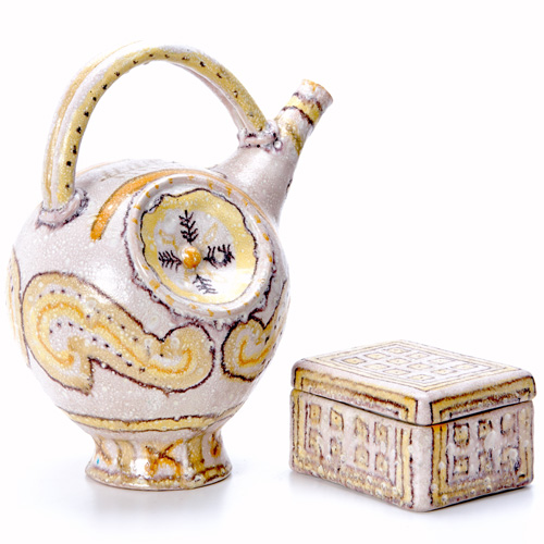 Appraisal: GAMBONE Covered box and pitcher in yellow and white crackled