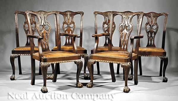 Appraisal: A Set of Six Chippendale-Style Carved Mahogany Dining Chairs c