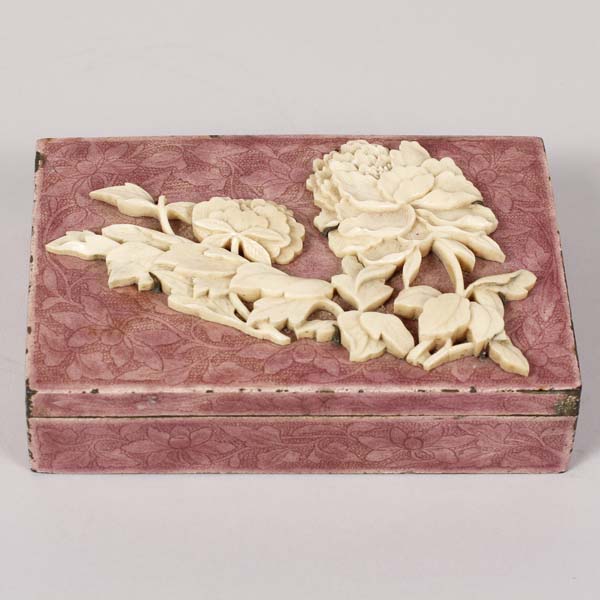 Appraisal: Chinese pink enamel box with carved chrysanthemum flower applied to