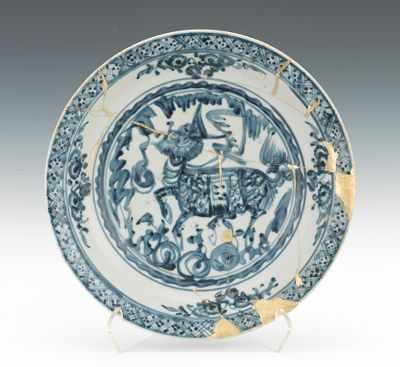 Appraisal: A Blue and White Ming Charger with Kintsugi Repair Large