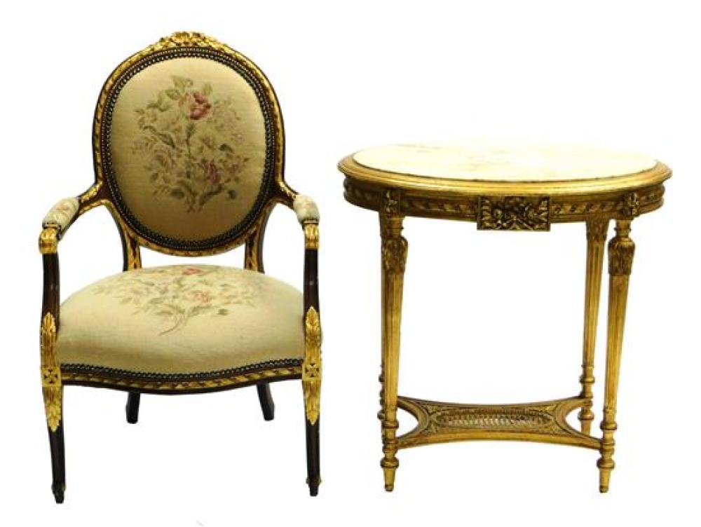 Appraisal: Louis XVI style marble top stand and petit-point balloon back