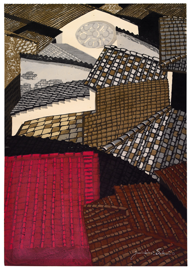 Appraisal: JUNICHIRO SEKINO Rooftops Color woodcut on cream Japan paper x