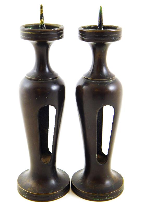 Appraisal: ASIAN Pair c Japanese pricket candle sticks bronze tapering standards