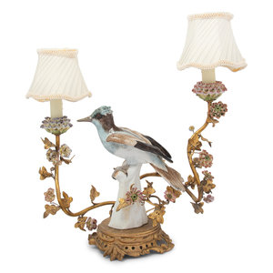 Appraisal: A Continental Porcelain Mounted Two-Light Lamp th Century Height overall