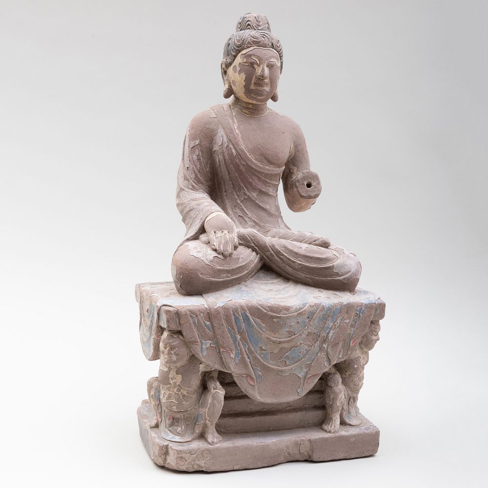 Appraisal: Chinese Carved Sandstone Enthroned Buddha in high Note This piece