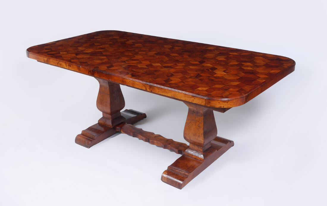 Appraisal: TH CENTURY PARQUETRY INLAID DINING TABLE Top with repeating square