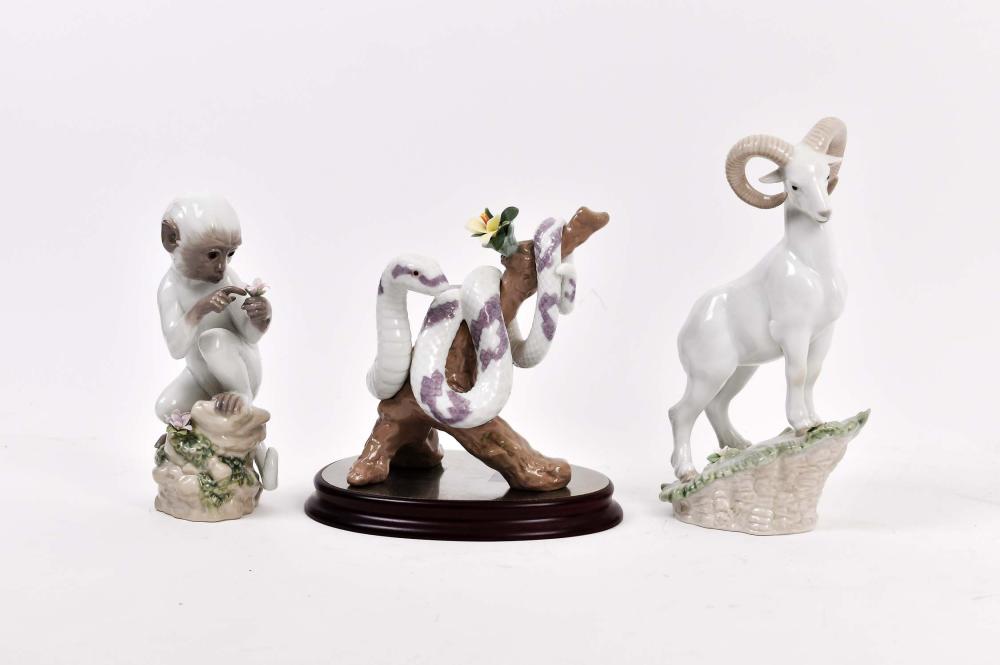 Appraisal: LLADRO GOAT MONKEY AND A SERPENTEach marked Chinese Zodiac Collection