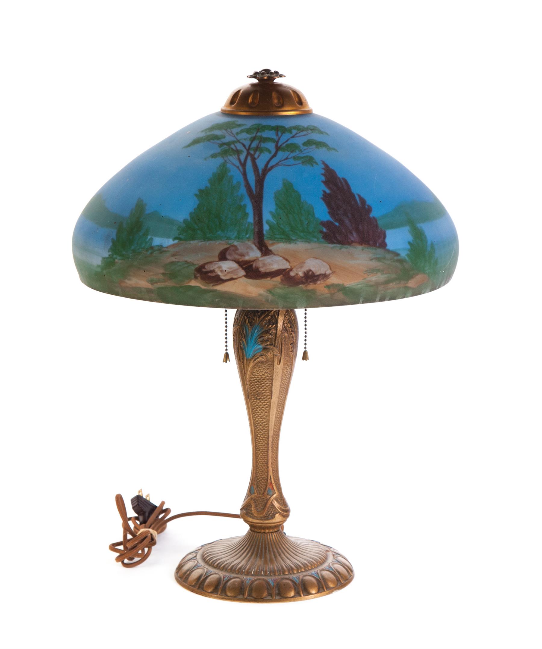 Appraisal: TABLE LAMP WITH REVERSE PAINTED SHADE American st quarter- th