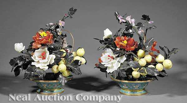 Appraisal: A Pair of Chinese Hardstone Trees Set in Cloisonn Enamel