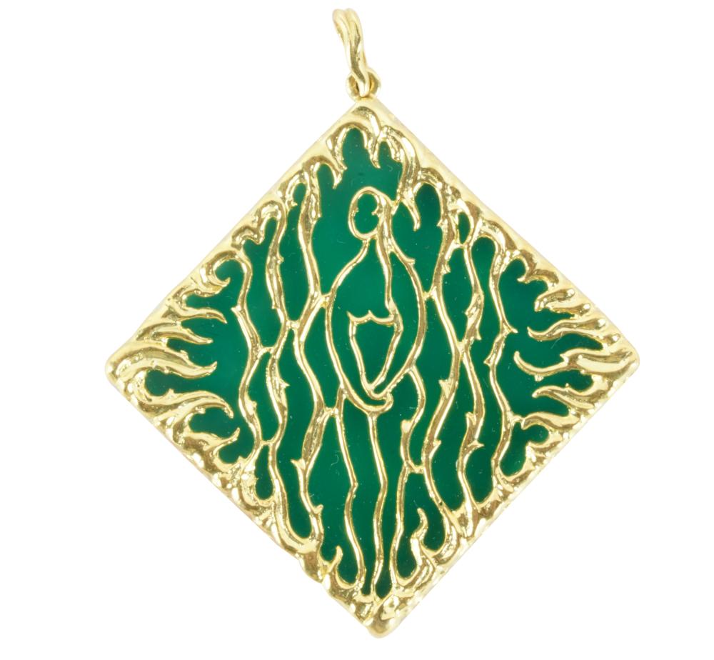 Appraisal: KARAT YELLOW GOLD GREENSTONE PENDANTthe gold mount depicting the zodiac