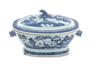 Appraisal: A Canton Blue and White Covered Tureen Height inches A