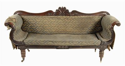 Appraisal: A George IV mahogany settee the scroll carved frame decorated