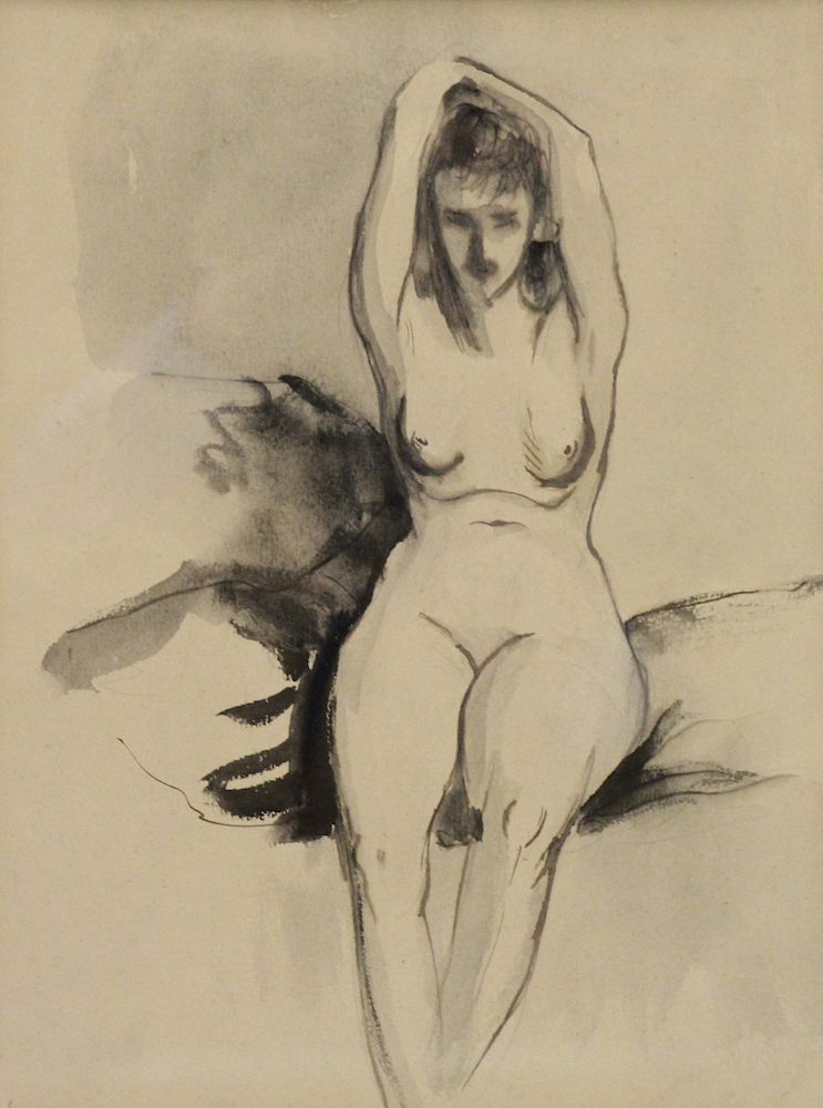 Appraisal: HENRI Robert Ink and Wash Nude Kraushaar Galleries label verso