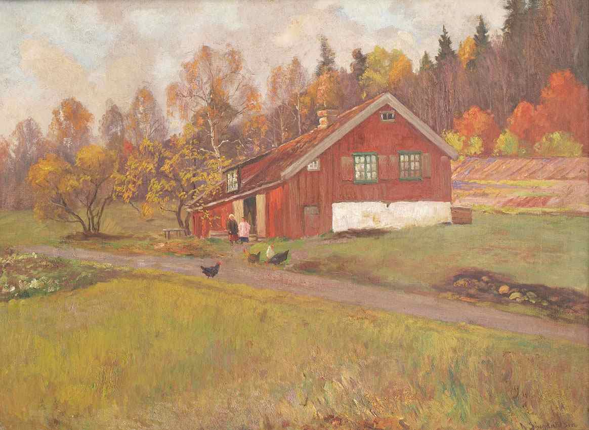 Appraisal: SINGDAHLSEN Andreas Norwegian - Autumnal Farm Scene red barn with