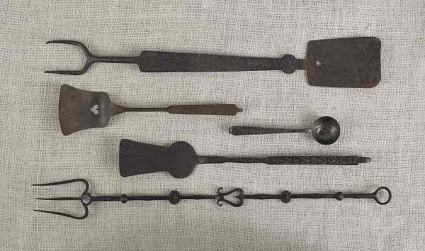 Appraisal: Five wrought iron utensils to include a double-ended flesh fork