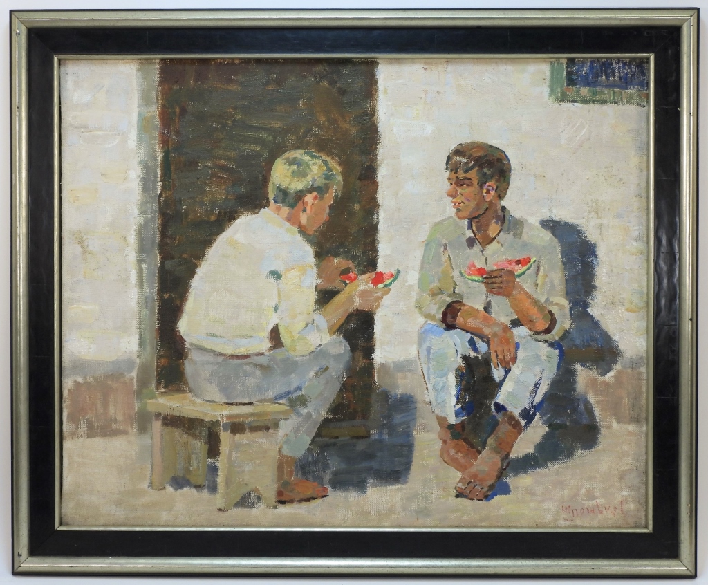 Appraisal: GRIGORYI SHPONKO BOYS WATERMELON FIGURE PAINTING Ukraine - Depicts two