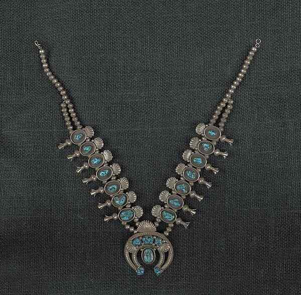 Appraisal: Silver and turquoise squash blossom necklace