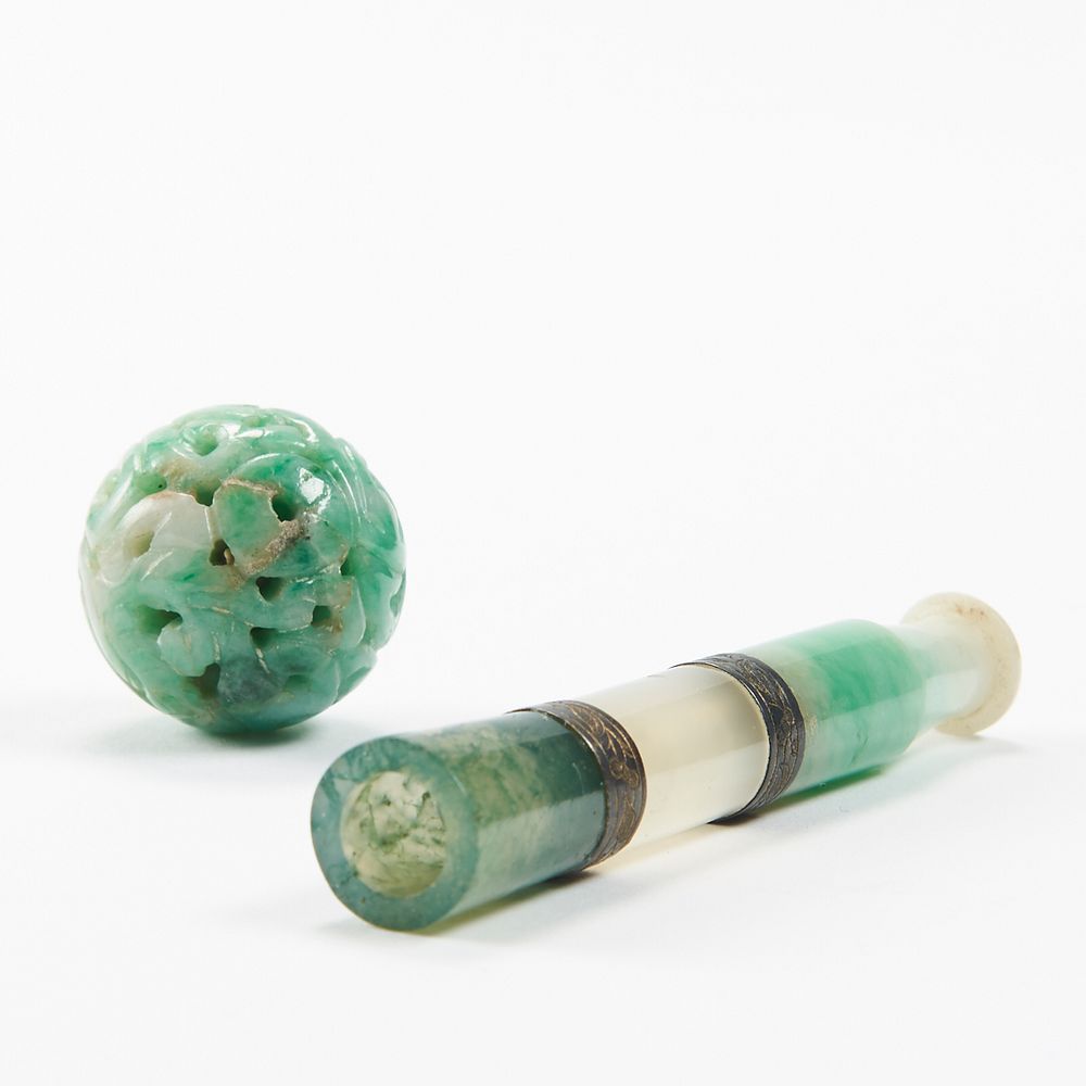 Appraisal: Grp Jade Bead Agate Cigarette Holder A lovely green and