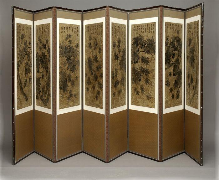 Appraisal: Japanese Painted Paper and Figured Silk Eight-Panel Folding Screen x