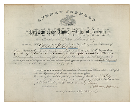 Appraisal: JOHNSON ANDREW Partly-printed Document Signed as President appointing Charles P