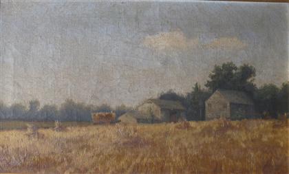 Appraisal: LEIGHTON LANDSCAPE WITH FARM BUILDINGS Oil on canvas x in