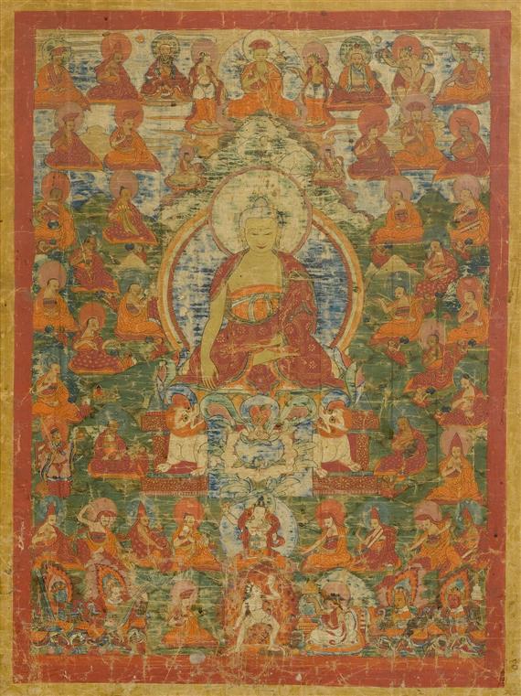 Appraisal: TANGKA OF SHAKYAMUNI Tibet th c x cm Below Buddha