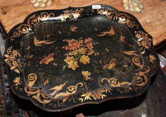 Appraisal: AN EARLY VICTORIAN PAPIER MACH TEA TRAY decorated birds butterflies