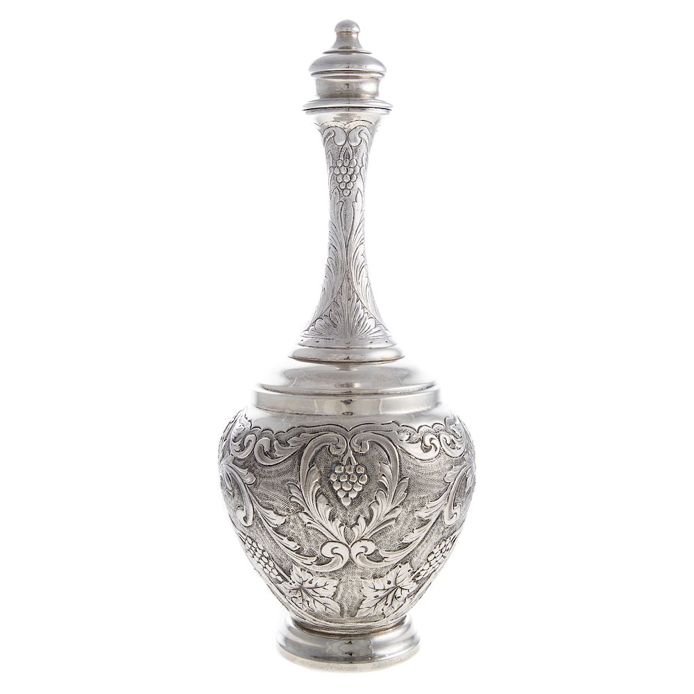 Appraisal: Portuguese Silver Wine Decanter Mid-late th century chased allover grape