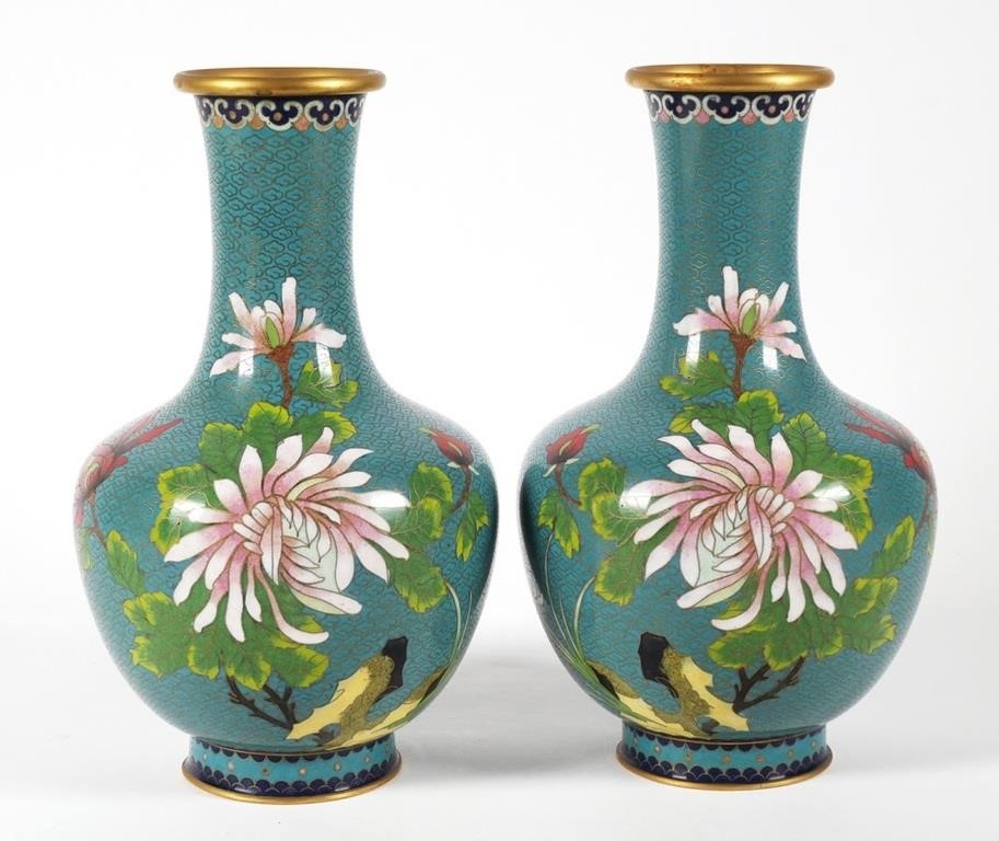 Appraisal: Pair Chinese cloisonne vases with flower and bird motif Each