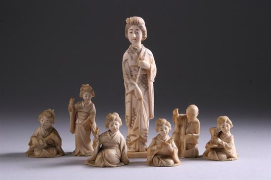 Appraisal: SEVEN JAPANESE IVORY OKIMONO FIGURES One male with axe and